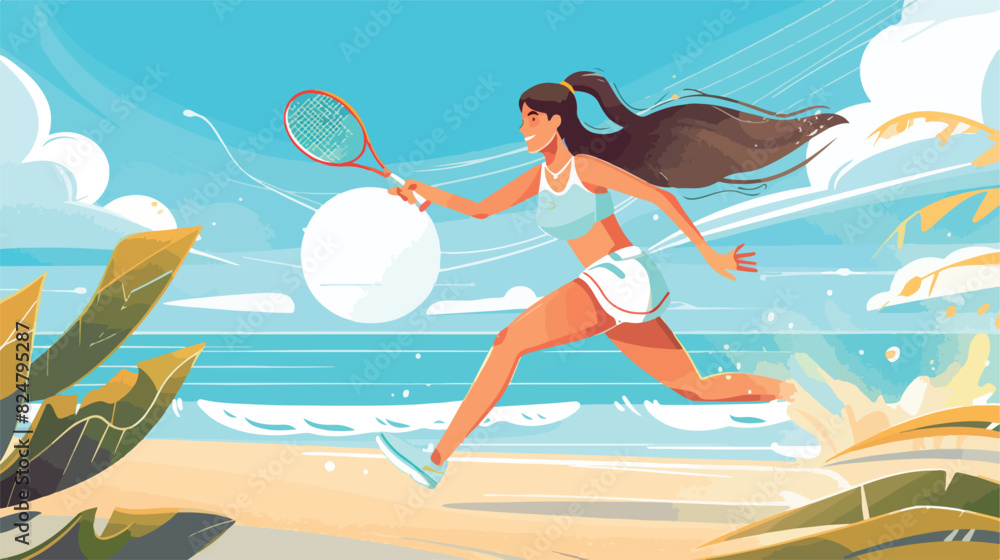 Woman running with tennis racket. Girl play beach gam