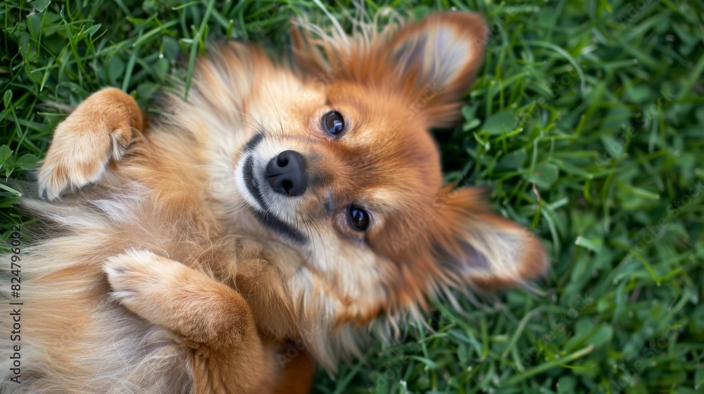 A cute dog lying on its back in the grass, playfully pawing at the air and showing off its fluffy belly A cute dog lying on its back in the grass, playfully pawing at the air and showing off its fluffy belly