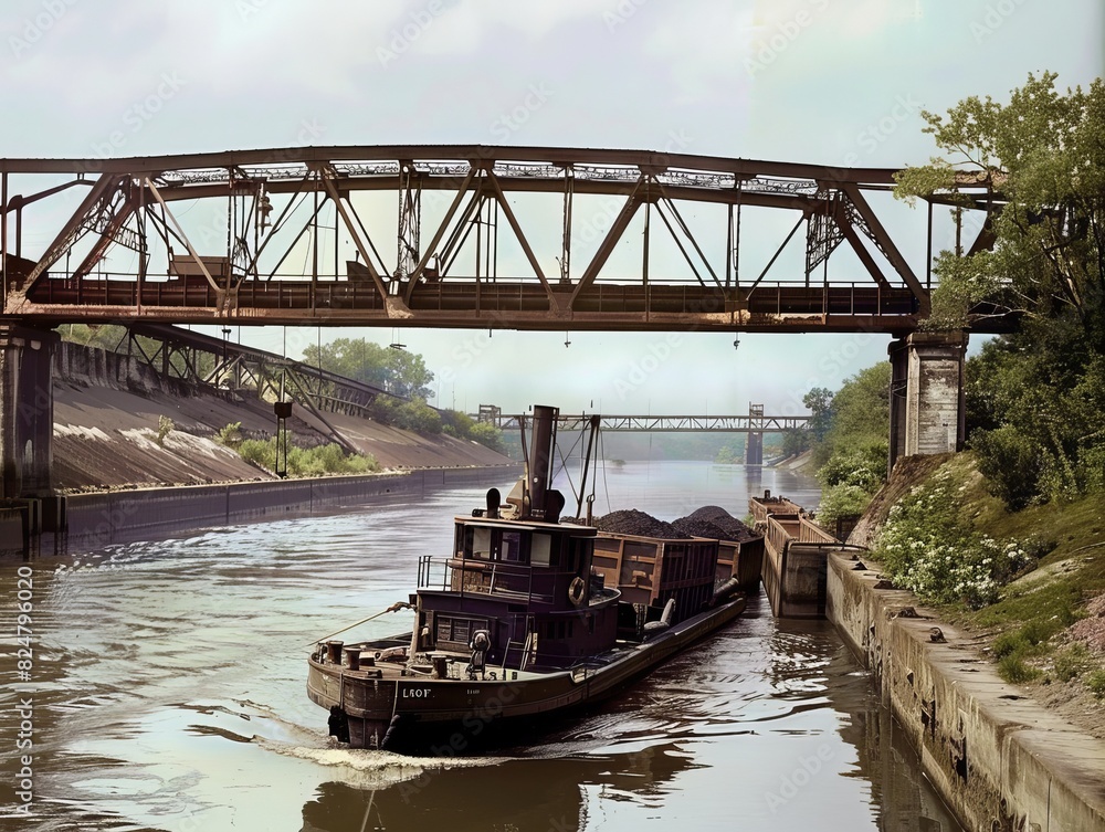 Navigating the River: A Tugboat Pushing Coal Barges Under the Bridge