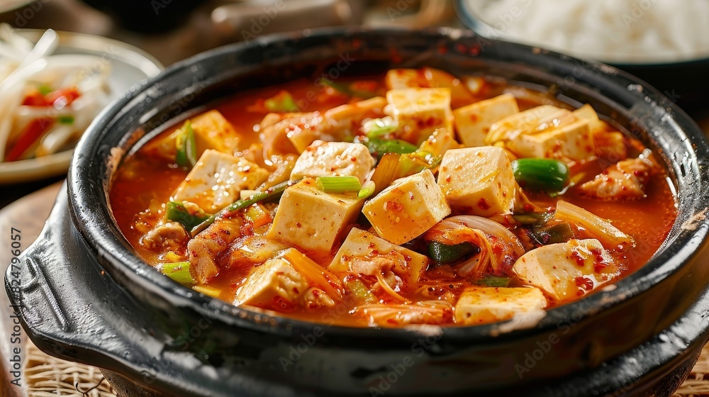 A traditional Korean kimchi jjigae, a spicy kimchi stew with tofu, pork, and vegetables, served in a hot stone pot. A traditional Korean kimchi jjigae, a spicy kimchi stew with tofu, pork, and vegetables, served in a hot stone pot.