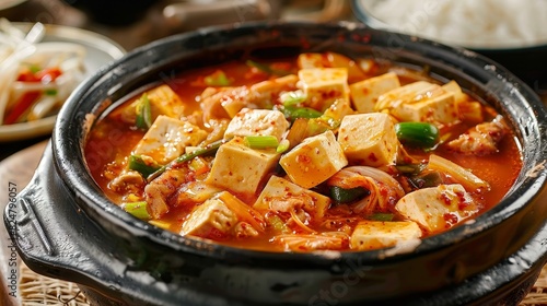 A traditional Korean kimchi jjigae, a spicy kimchi stew with tofu, pork, and vegetables, served in a hot stone pot. © Moopingz