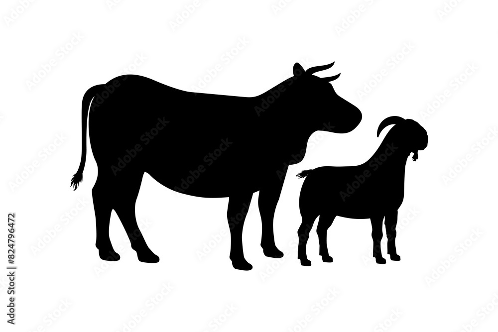 Cow and goat silhouettes for farm stock design. Eid al-Adha sacrifice animals silhouette vector illustration