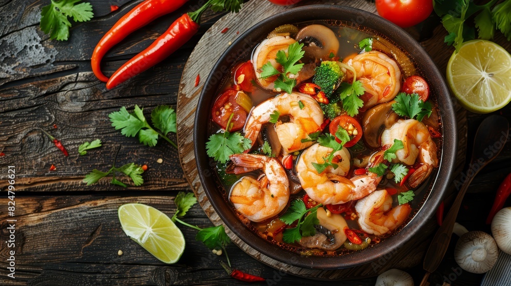 A steaming bowl of Tom Yum Kung, the famous Thai soup, filled with shrimp, mushrooms, tomatoes, and fresh herbs, with a side of lime wedges and chili peppers.