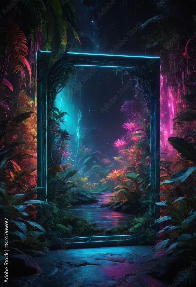 Fototapeta premium neon frame in the jungle with plants and plants