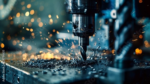 A detailed shot of a CNC milling machine drilling into metal, surrounded by flying metal shavings and sparks.