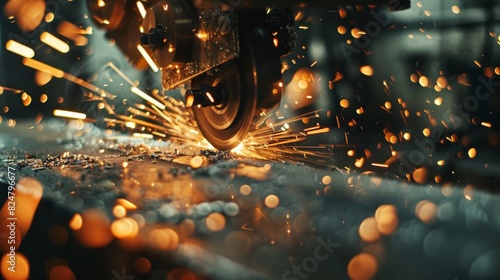 A close-up of an industrial cutting wheel creating bright sparks as it grinds metal in a workshop.