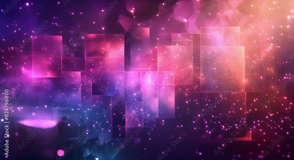 A painting of colorful squares over a starry background in shades of blue, purple and pink A painting of colorful squares over a starry background in shades of blue, purple and pink