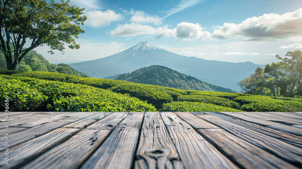 The display stands have wooden tables and a tea plantation with Mount Fuji in the background. AI generate. The display stands have wooden tables and a tea plantation with Mount Fuji in the background. AI generate.