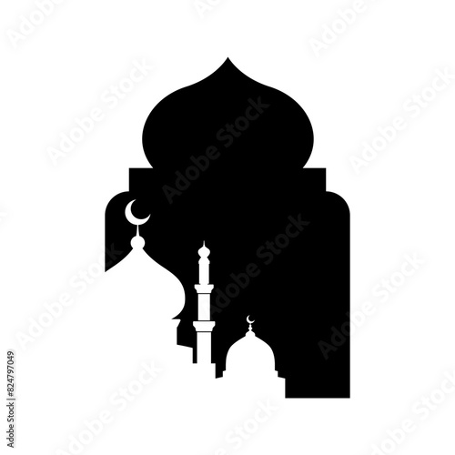 Arabic Islamic arch with mosque silhouette background illustration