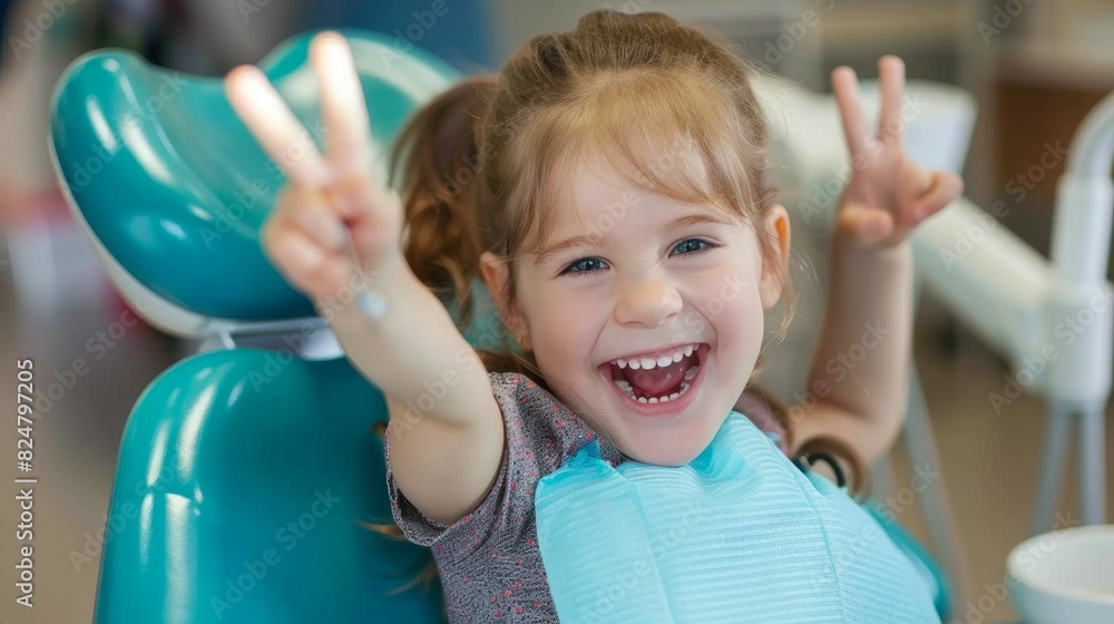 Little girl in dental chair. Smiling and satisfied patient at dentist's office after treatment. Healthy teeth, dental care concept. Little girl in dental chair. Smiling and satisfied patient at dentist's office after treatment. Healthy teeth, dental care concept.