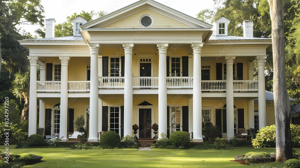 Craft man house exterior in soft yellow paint and white columns