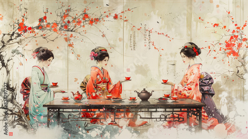 Illustration of green tea brewing