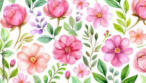 Watercolor pattern of pink flowers, twigs with green leaves, white background. Botanical artwork.