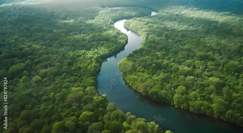 An aerial view of the Amazon rainforest, showing the winding course of a river and the vast expanse of green vegetation.