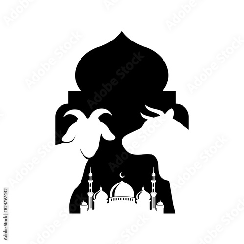 Eid al-Adha Mubarak Silhouette vector background. Cow and goat isolated on arch mosque.