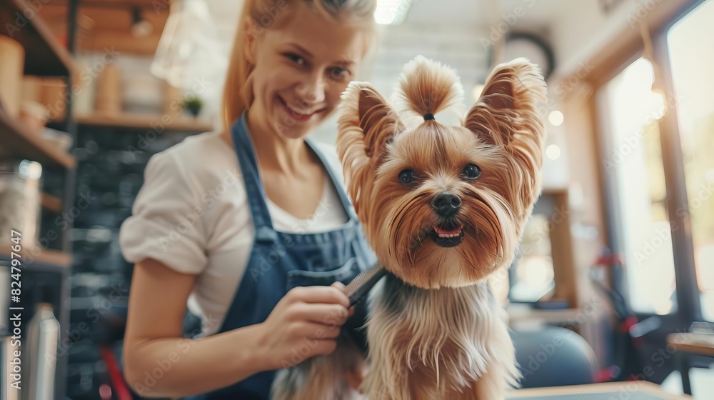Professional groomer smiling while holding a comb and grooming a cute small dog in a brightly lit pet salon, highlighting the attentive care and cleanliness Professional groomer smiling while holding a comb and grooming a cute small dog in a brightly lit pet salon, highlighting the attentive care and cleanliness