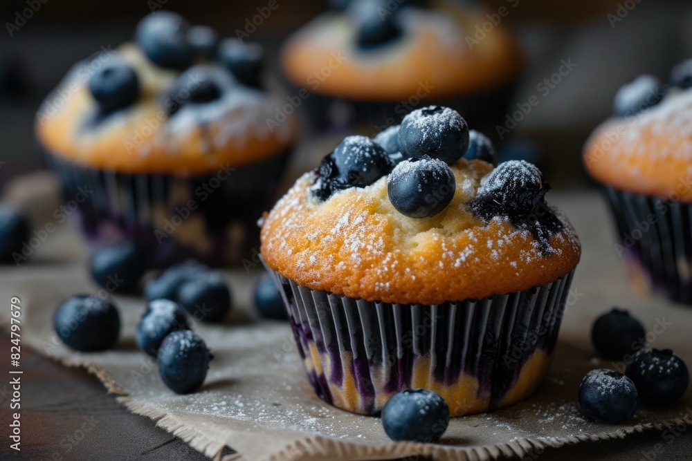 Close-up of delicious blueberry muffins sprinkled with sugar, surrounded by scattered berries Close-up of delicious blueberry muffins sprinkled with sugar, surrounded by scattered berries