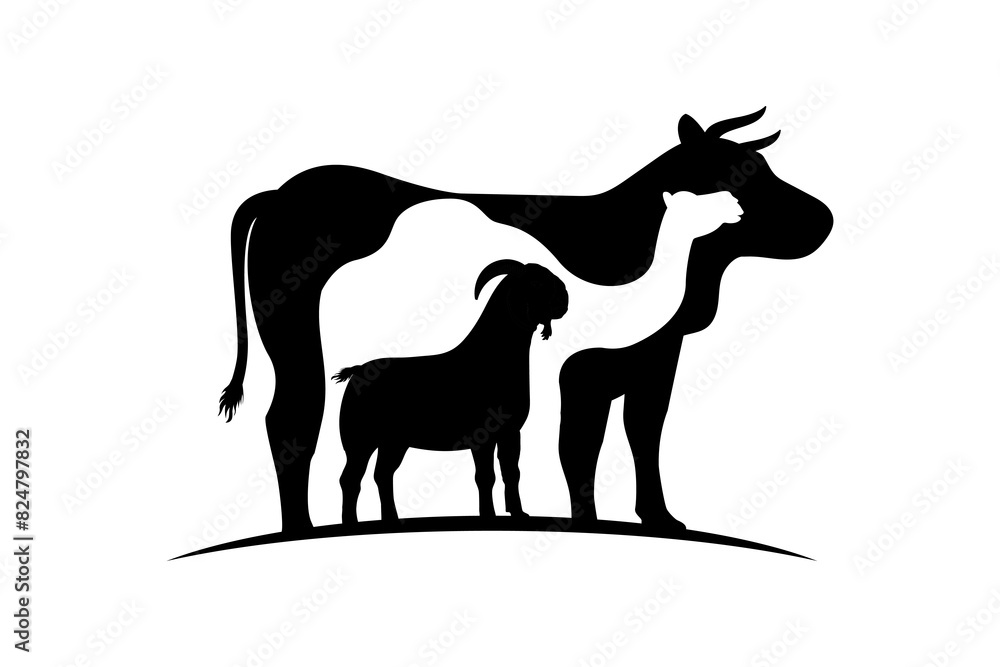 Eid al-Adha sacrifice animal silhouette vector illustration. Cow, camel, and goat silhouette in negative space style