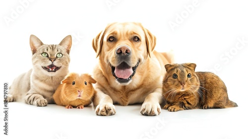 happy smiling yellow labrador retriever sitting on white background  smiling british cat next to him  a guinea pig and a hamstaer next to them look at the camera free space on top