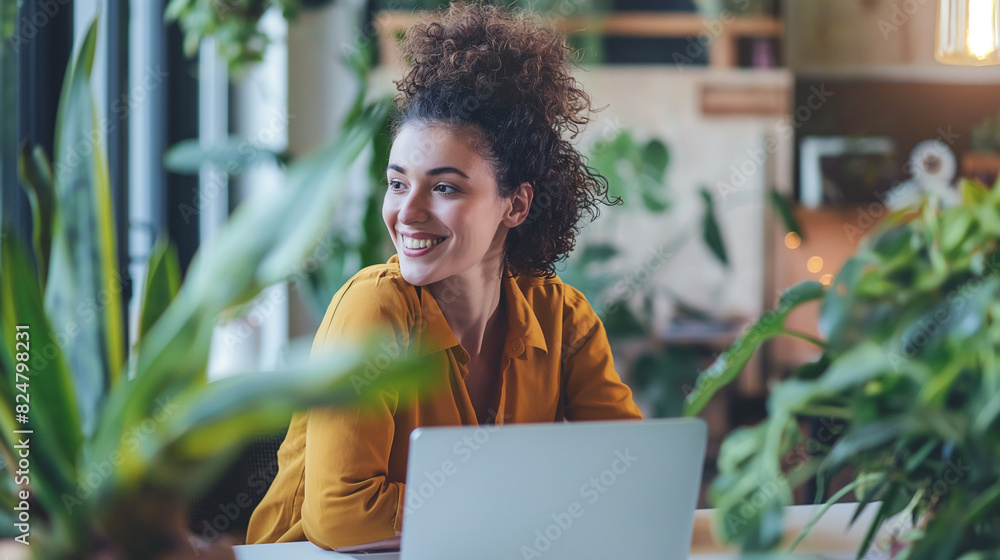 Woman smiling while working on a laptop in a green office. Woman smiling while working on a laptop in a green office.