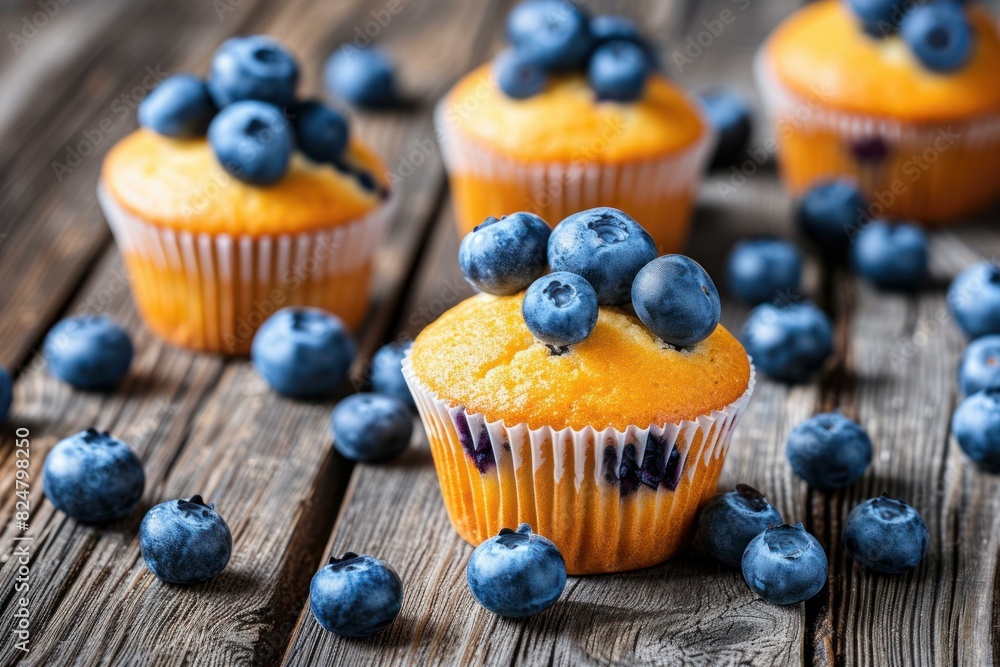 Delicious homemade blueberry muffins surrounded by ripe berries on rustic wood Delicious homemade blueberry muffins surrounded by ripe berries on rustic wood