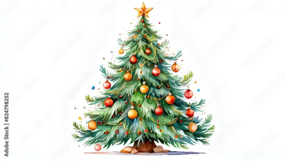 watercolor of Christmas trees with ornaments and a star on top