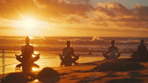 Yoga session on a quiet beach at sunset, participants in meditative poses facing the ocean, soft golden light, calming and rejuvenating experience, copy space.,