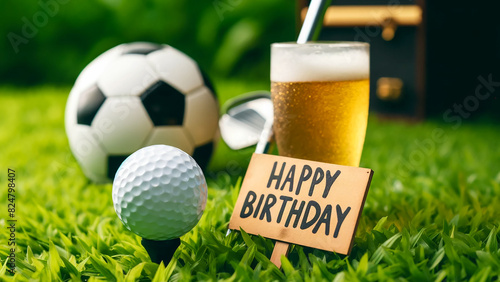 birthday setup on green grass, featuring a golf ball and a beer beside a 'Happy Birthday' sign.