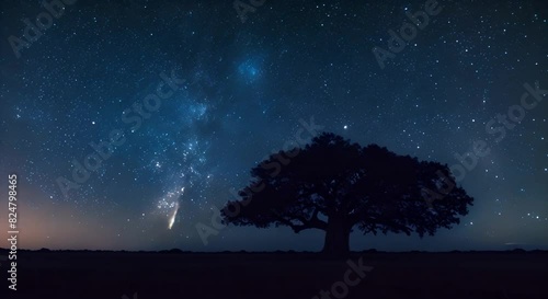 The comet Neowise illuminates the night sky over a lonely tree in the African savannah. photo