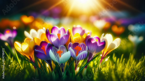 spring flowers, specifically crocus blossoms, on grass with sunlight.