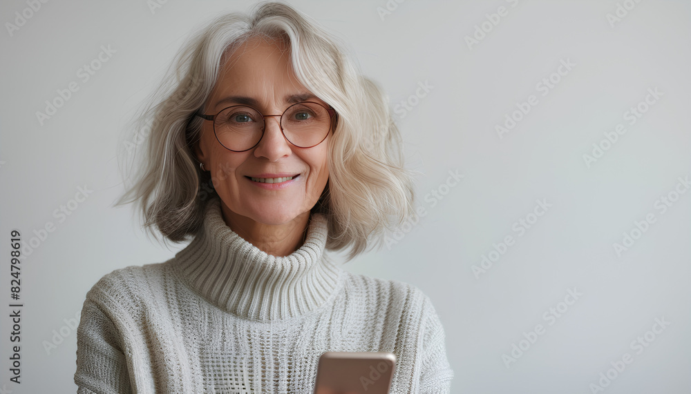 A stylish adult business woman with gray hair and a mobile phone in her hand. A stylish adult business woman with gray hair and a mobile phone in her hand.