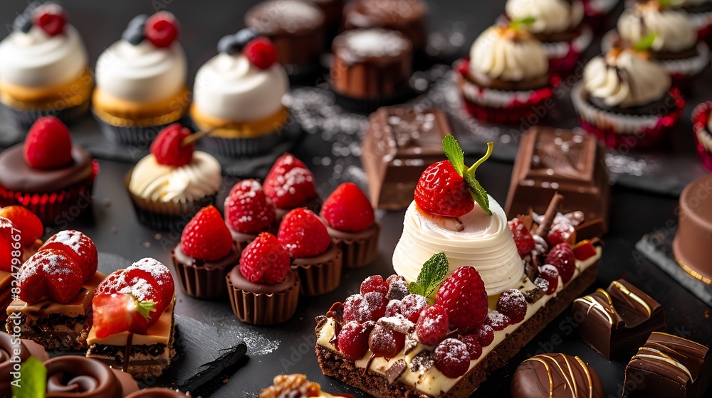 Exquisite dessert selection at a gourmet patisserie, intricate pastries and chocolates on display, artistic presentation, mouthwatering and luxurious, copy space.,