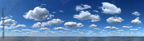 A panoramic view of a clear blue sky with fluffy white clouds, creating a beautiful and serene background that stretches to the horizon , The images are of high quality and clarity