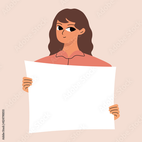 Young woman holding blank placard, poster, mockup. Pretty girl swowing empty presentation. Isolated illustration.