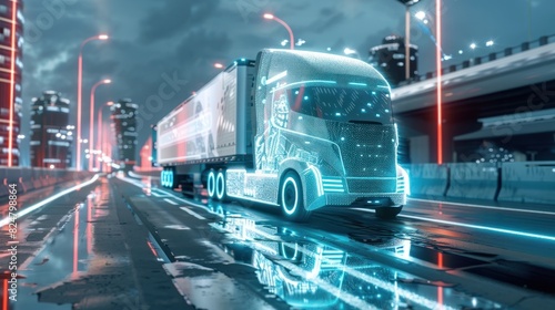 White semi-truck with cargo trailer driving on highway with digital graphics technology. Generated AI photo