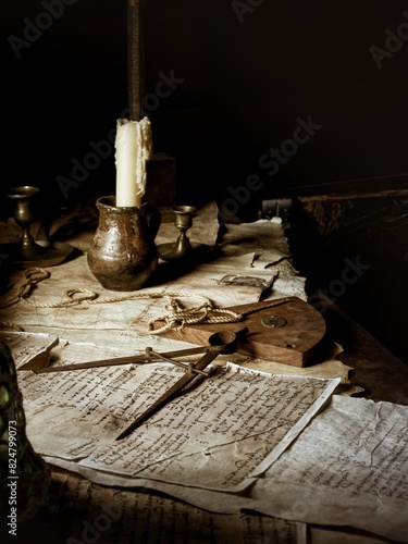 Navigational equipment old map and papers with a candle on a desk of a historical wooden vintage ship