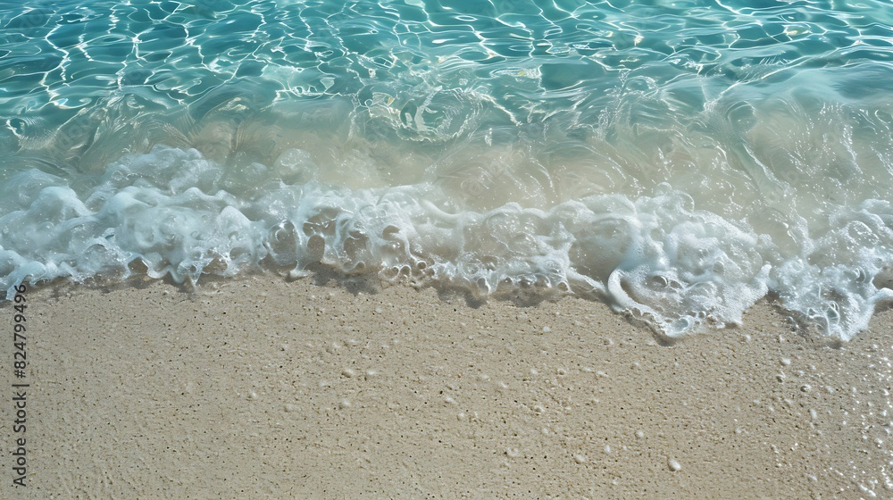 Crystal clear ocean waves gently lapping against a pristine sandy beach, tranquil and serene atmosphere, endless horizon, calming and peaceful, copy space.,
