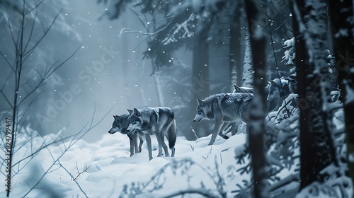 Pack of wolves moving stealthily through a snowy forest, wintery landscape, quiet and intense atmosphere, wild and predatory, copy space., photo