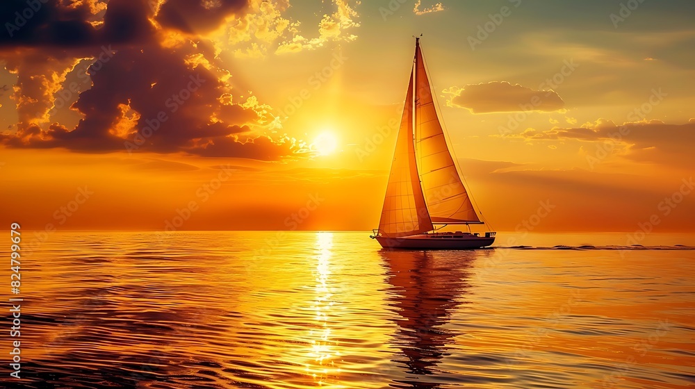 Sailboat drifting on a calm ocean at sunset, golden light reflecting on the water, tranquil and serene seascape, peaceful and picturesque, copy space.,