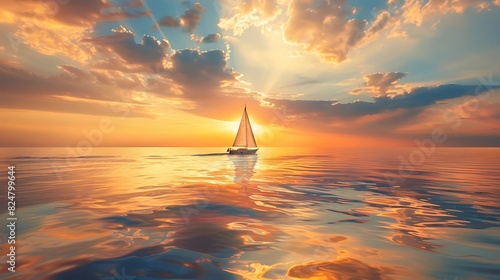 Sailboat drifting on a calm ocean at sunset, golden light reflecting on the water, tranquil and serene seascape, peaceful and picturesque, copy space., photo