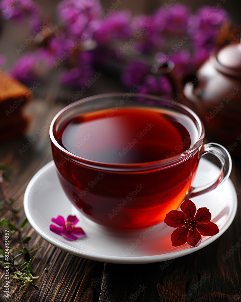 Aesthetic closeup of a steaming cup of tea with purple flowers and a teapot, giving a warm, inviting teatime atmosphere Aesthetic closeup of a steaming cup of tea with purple flowers and a teapot, giving a warm, inviting teatime atmosphere