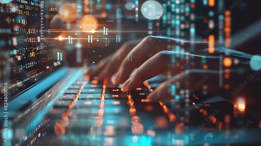 Closeup of hands typing code on a sleek keyboard, digital lines of AI code glowing on the screen, futuristic and techfocused, copy space., Closeup of hands typing code on a sleek keyboard, digital lines of AI code glowing on the screen, futuristic and techfocused, copy space.,