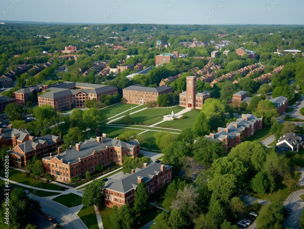 Aerial view of a university campus featuring historic buildings, green lawns, and tree-lined pathways.