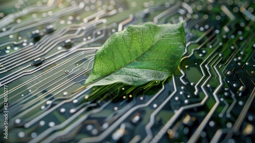 Green leaf on the motherboard circuit computer hardware. Generated AI image