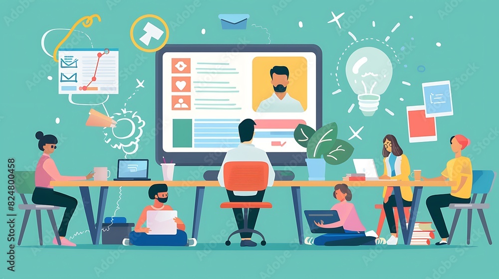 Teacher conducting an online class via video conference, students participating from different locations, digital learning tools and resources, innovative education, copy space., Teacher conducting an online class via video conference, students participating from different locations, digital learning tools and resources, innovative education, copy space.,