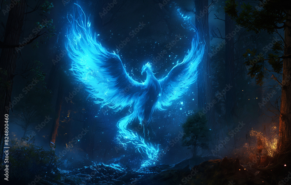 A blue glowing phoenix rising from its ashes in the dark woods