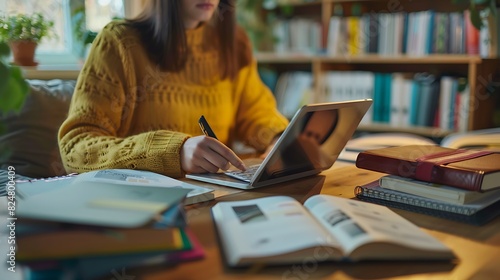 Person studying online at home, surrounded by notebooks and a tablet, cozy workspace with natural light, selfpaced learning, focused and productive, copy space.,