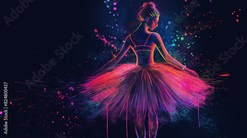 A beautiful ballerina in neon lights, with colored paint dripping from her dress and hair against a black background photo