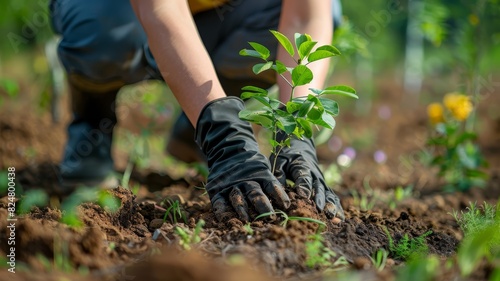 Person Planting Plant With Gardening Gloves