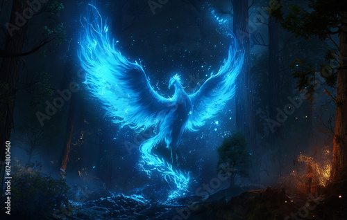 A blue glowing phoenix rising from its ashes in the dark woods © Danimotions